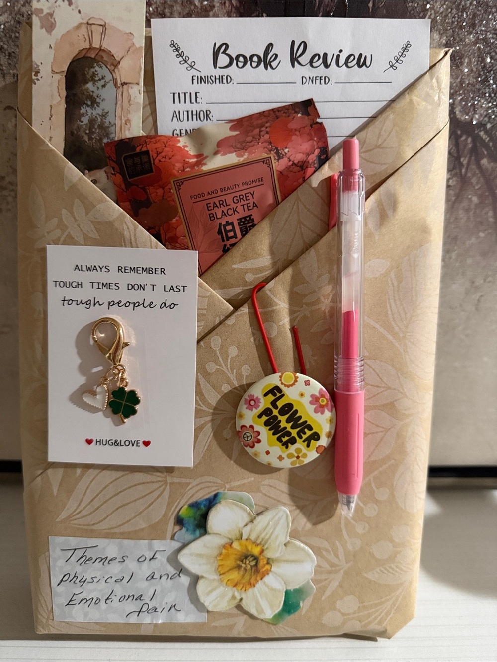 Blind date with a book. Themes of physical and emotional pain.